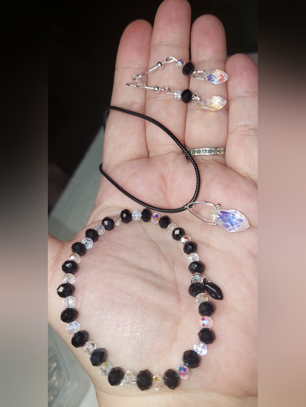 Crystal and Black Bead Jewelry Set - Necklace, Bracelet, Earrings